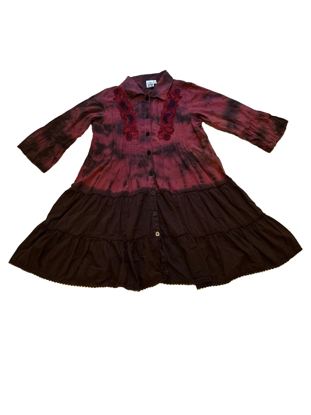 Parsley & Sage Women’s Tie-Dye Burgundy and Brown Button-Front Tiered Dress Sz M